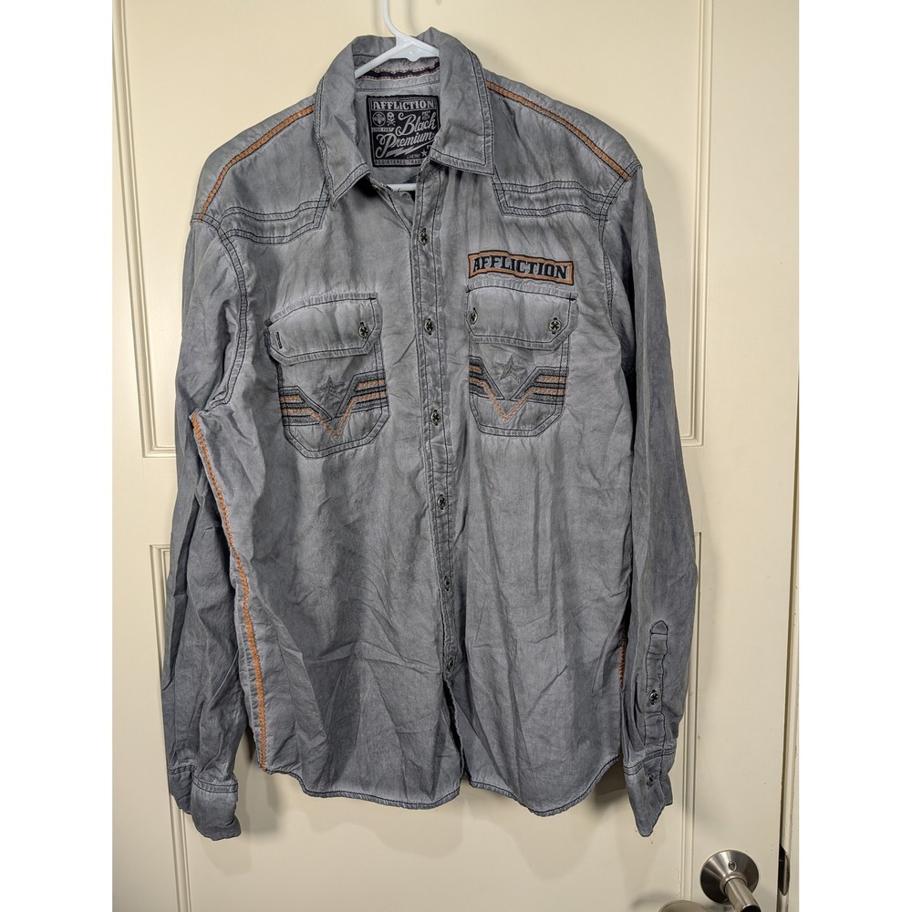 Affliction Black Premium American Customs Gray Button Down Shirt Mens Large